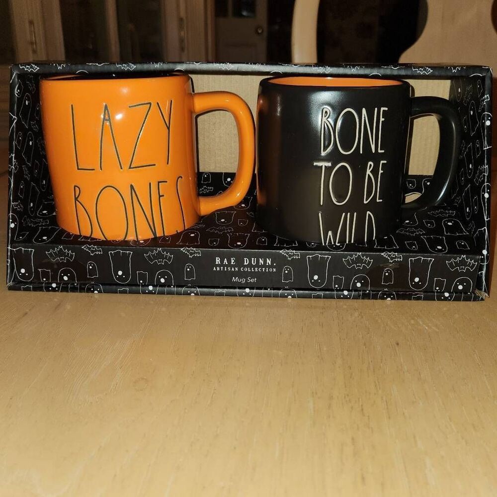 Rae Dunn Halloween orange and black mugs Oversized BORN TO BE WILD & LAZY BONES